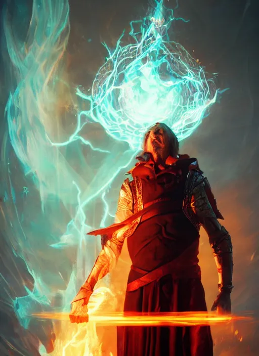 Image similar to A fantasy comic book style portrait painting of David Thewlis as a godlike Sorcerer casting a fire spell, unreal 5, DAZ, hyperrealistic, octane render, RPG portrait, ambient light, dynamic lighting