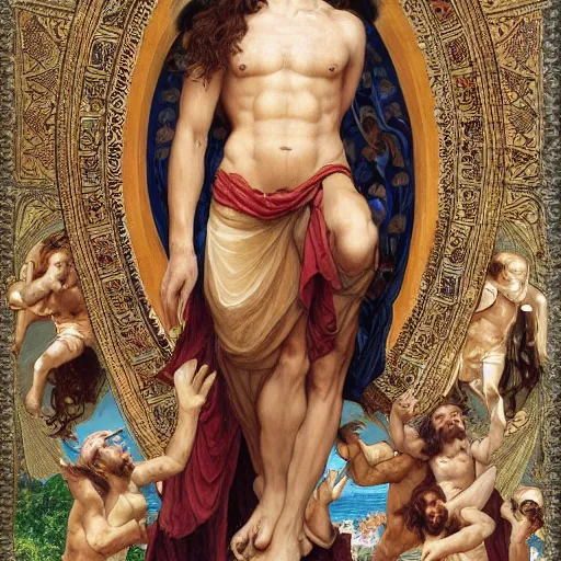 Prompt: an extremely detailed illuminated manuscript of a ridiculously good looking jesus that looks like a jewish gigachad with his 1 2 apostle entourage, long curly hair, elegant ancient greek dress, very detailed, windy beach, beautiful, intricate, cinematic, artstation, william bouguereau, alphonse mucha, greg rutkowski, rossdraws, octane render