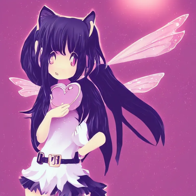 Image similar to cute, full body, female, anime style, a cat girl with fairy wings, large eyes, beautiful lighting, sharp focus, simple background, creative, heart effects, filters applied, illustration