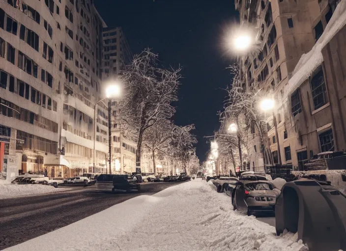 Image similar to a city street covered with snow, winter, dusk, futuristic city, robots populate the street, futuristic cars, extremely detailed, sharp focus, rule of thirds, award winning photography.