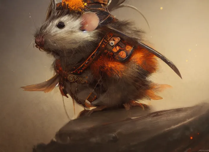 Image similar to ashigaru steampunk feathered mouse, colorful plumage, lacquered armor, polearm glaive, cute but determined, hard focus, art station, by jessica rossier and brian froud, cinematic, orange grey white