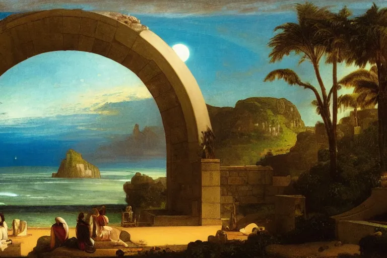 Image similar to The giant greek arch, refracted moon on the ocean, thunderstorm, greek pool, beach and Tropical vegetation on the background major arcana sky and occult symbols, by paul delaroche, hyperrealistic 4k uhd, award-winning, very detailed paradise