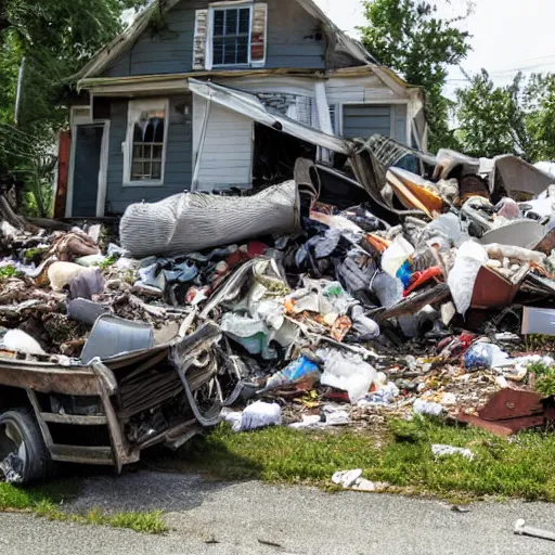 Image similar to a run down house with stacks of trash 1 0 feet high in front of the house. run down house is in a suburban neighborhood in america. broken and rusted golf cart in street in front of house