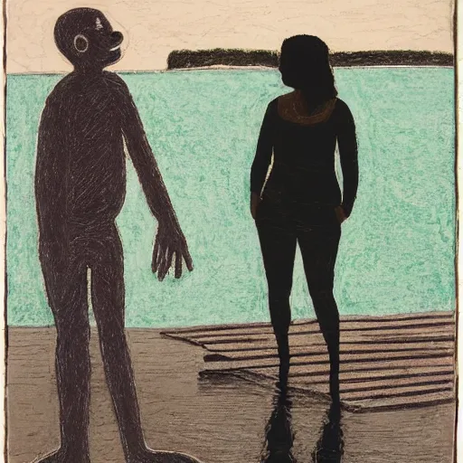 Image similar to A beautiful installation art of a man and a woman are standing on a dock, looking out at a body of water. The woman has her hand on the man's shoulder, and they appear to be deep in conversation. The colors in the installation art are muted, and the scene has a calming feeling. by Jean Dubuffet, by M.W. Kaluta realist, balmy