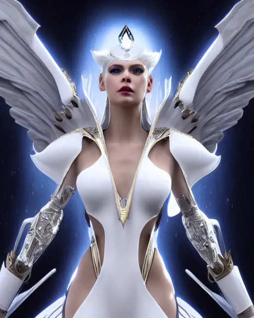 Image similar to perfect white haired egyptian goddess wearing white dove wings, warframe armor, regal, attractive, ornate, sultry, beautiful, charlize theron, half asian, pretty face, blue eyes, detailed, scifi platform, 4 k, ultra realistic, volumetric lighting, illuminated, cinematic, masterpiece, art by akihito tsukushi, voidstar