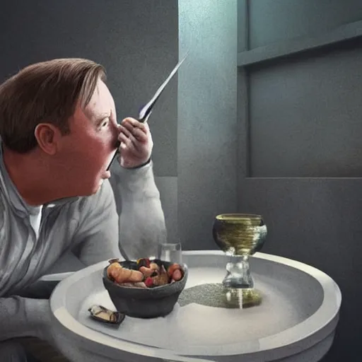 Image similar to hyperrealistic mixed media image of info wars alex jones eating dinner on the toilet, stunning 3 d render inspired art by xiang duan and thomas eakes and greg rutkowski, perfect facial symmetry, hyper realistic texture, realistic, highly detailed attributes and atmosphere, dim volumetric cinematic lighting, 8 k octane detailed render, post - processing, masterpiece,