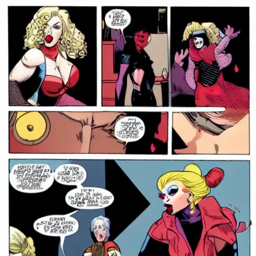 Image similar to in the style of rafael albuquerque comic art, harley quinn and cyndi lauper arguing about who wants to have more fun.