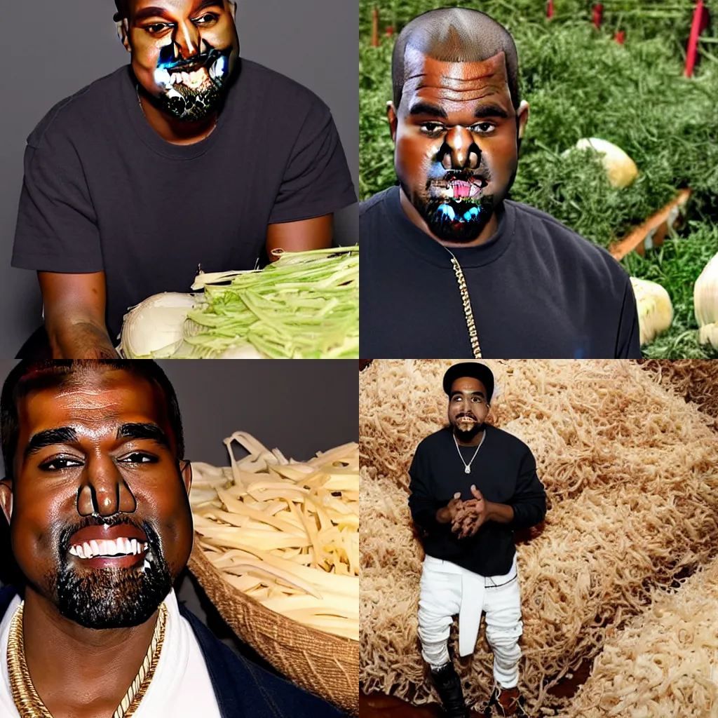 Prompt: Kanye West smiling as he sits in a big pile of onions in his bedroom