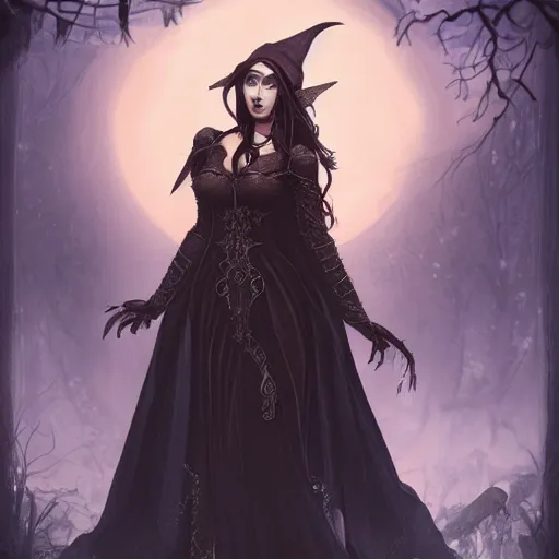 Image similar to beautiful female elf necromancer with black hair in a silk gown in a graveyard at night, intricate, highly detailed, 8k, realistic, artstation, sharp focus, smooth, illustration art by Randy Vargas and Johan Grenier
