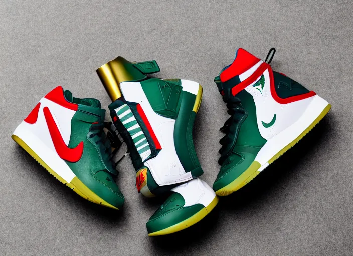 Prompt: product still of Boba Fett signature Nikes, 85mm f1.8