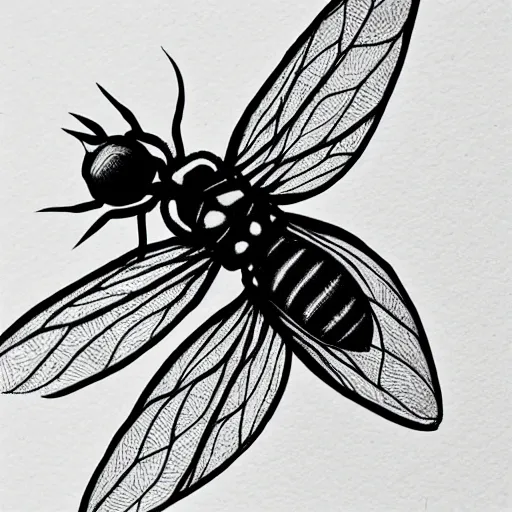 Image similar to horse fly, black and white, botanical illustration, black ink on white paper, bold lines
