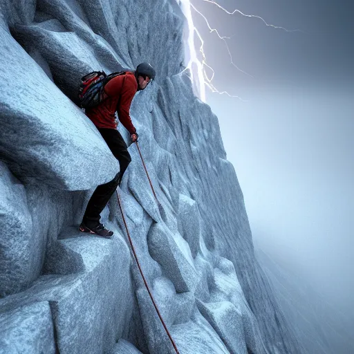 Image similar to climber, extreme cold, storm, octane rendering, volumetric lightning, hyperrealism, no blur, 4 k resolution, ultra detailed