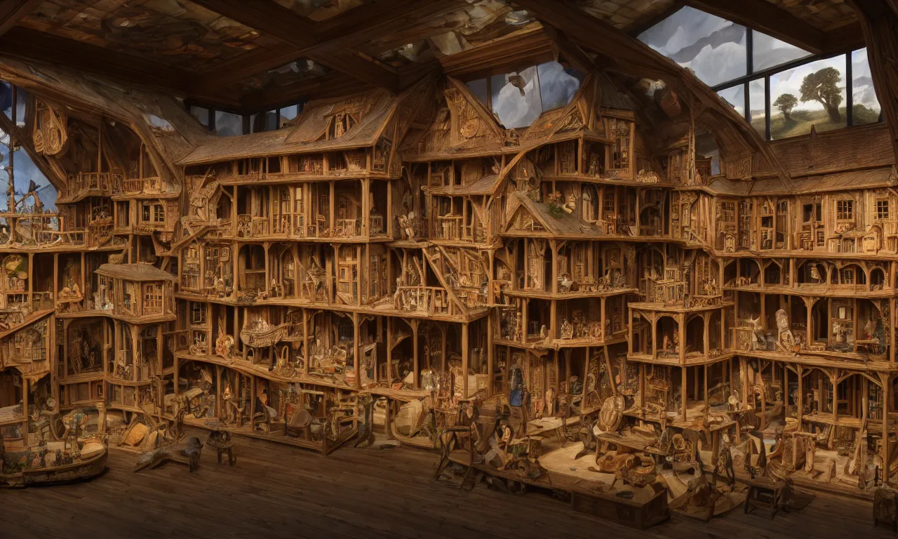 Prompt: an exhibition hall of a museum of renaissance full of glass showcases with incredibly detailed dioramas of wood houses, fused into epoxide, high detail, raytracing, back light, raymarching, new movie from digital domain and weta digital, strong ambient occlusion