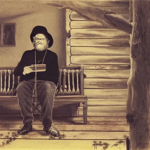 Prompt: la monte young listening to the wind in a log cabin, hyperrealistic portrait