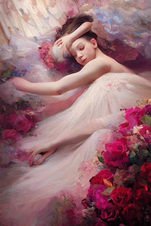 Prompt: an intricate artistic pose painting of a beautiful young ballerina with an artistic pose sleeping in a bed of roses, american beauty inspired with painterly motives and textures, hyper detailed, sleeping beauty, octane render, vivid colors, artstation, by jeremy mann, by alphonse mucha, by boris vallejo