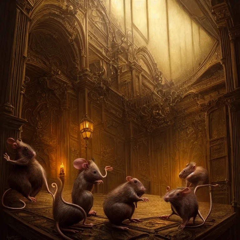 Prompt: epic professional digital art of imposing hungry rats, faint golden moody atmospheric lighting, painted, intricate, detailed, detailed, foreboding, by leesha hannigan, wayne haag, reyna rochin, ignacio fernandez rios, mark ryden, iris van herpen,, epic, stunning, gorgeous, much wow, cinematic, masterpiece.