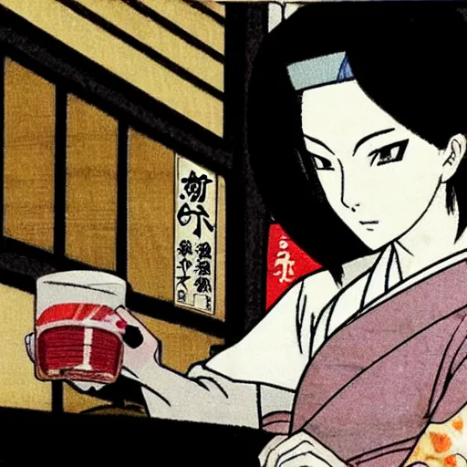 Image similar to Tsunade drinking sake in a japanese pub by Shoji Sato in the style of Black And White Manga