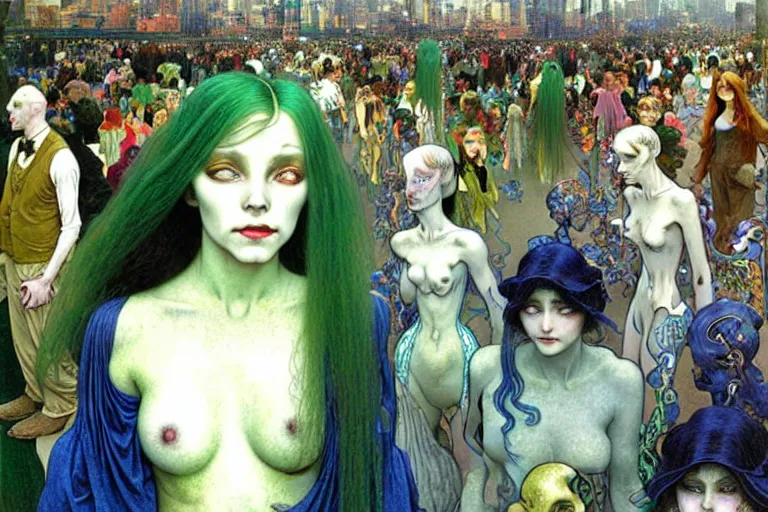 Prompt: realistic extremely detailed portrait painting of a dressed ghost girl with green hair in a crowded sci-fi city street, very detailed crowd by Jean Delville, Amano, Yves Tanguy, Alphonse Mucha, Ernst Haeckel, Edward Robert Hughes, Roger Dean, rich moody colours, blue eyes