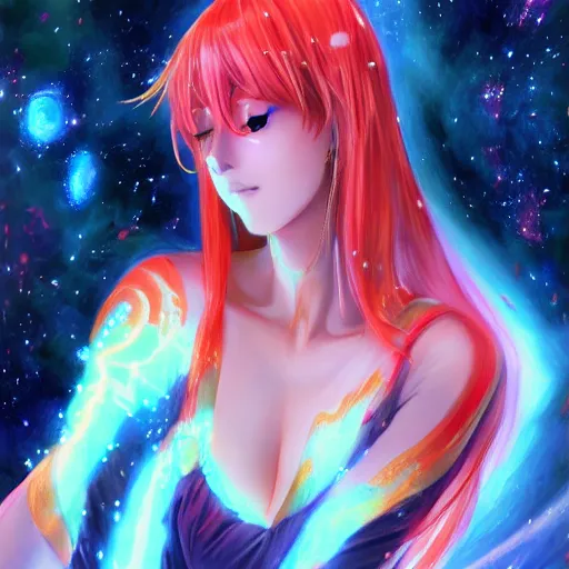 Image similar to A realistic anime painting of a beautiful cosmic woman with glowing red eyes and cosmic skin wearing clothes made of universes, digital painting, by Stanley Artgerm Lau, Sakimichan, WLOP, Makoto Shinkai, Rossdraws, Pixivs, digital painting, trending on Pixiv, SFW version —H 1024