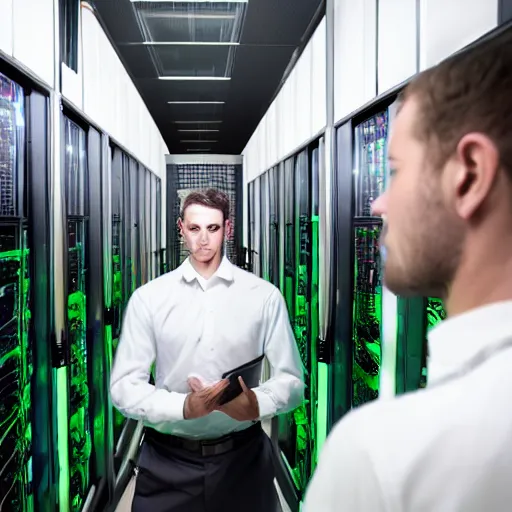 Prompt: man standing in Computer server room on fire with green eyes 8k resolution stunning