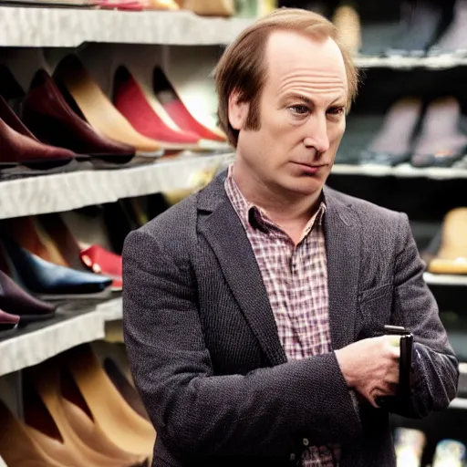 Image similar to Bob Odenkirk shopping for women’s shoes, PS2 game, third-person perspective