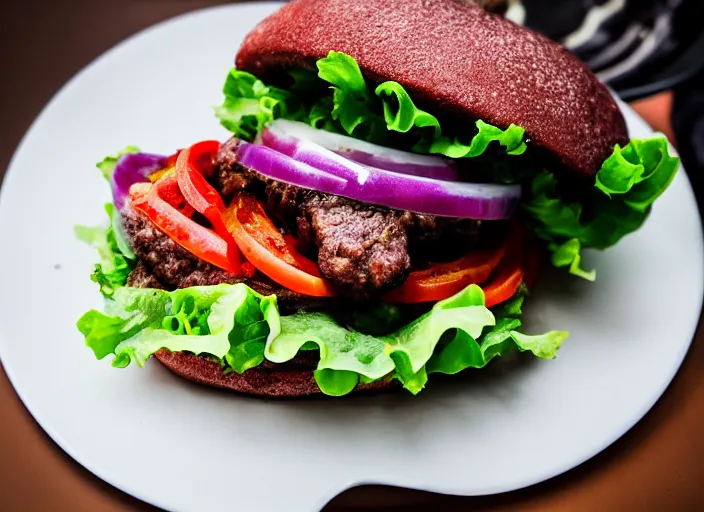 Prompt: dslr food photograph of a hamburger, thanos holding the plate 8 5 mm f 1. 8