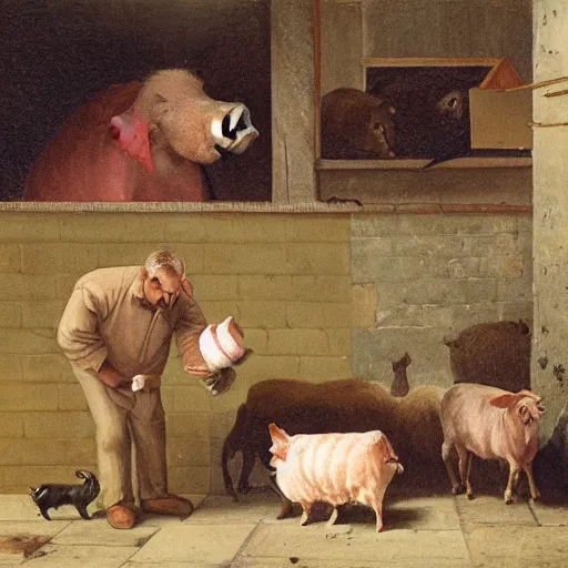 Image similar to butcher giving food to a cat, while being watched by a pig, a sheep, a chicken and a cow