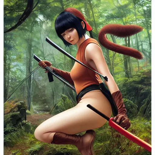 Image similar to squirrel holding a katana in the forest, fine - face, realistic shaded perfect face, fine details. anime. realistic shaded lighting poster by ilya kuvshinov katsuhiro otomo ghost - in - the - shell, magali villeneuve, artgerm, jeremy lipkin and michael garmash and rob rey