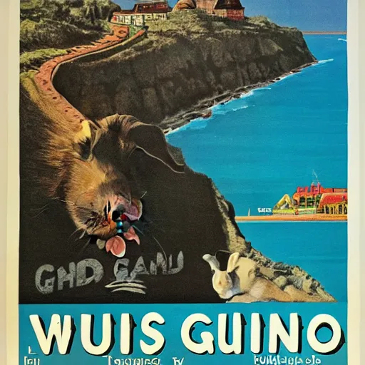 Prompt: a 1970s travel poster advertising the guinea pig island
