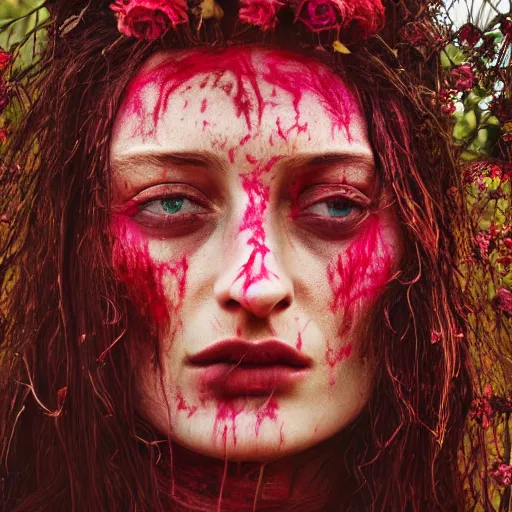 Image similar to 3 5 mm coloured film portrait of sophie turner as aghori sadhu covered in ash creature, hyperrealism, celestial red flowers vibe, photorealistic, detailed, atmospheric, 8 k, award winning photography, cinematic