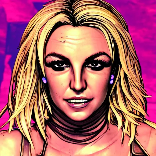 Image similar to britney spears portrait, borderlands, tales from the borderlands, the wolf among us, comic, cinematic lighting, studio quality, 8 k