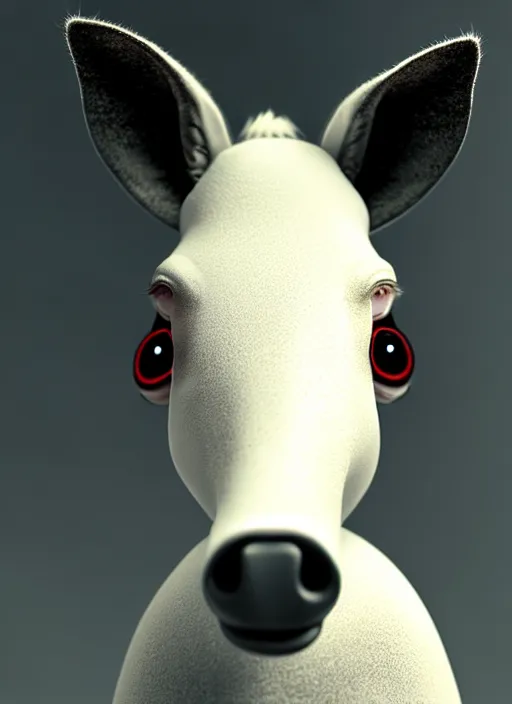 Image similar to hyper detailed ultra sharp portrait of a beautiful fashionable porcelain ivory donkey zombie with glowing eyes, up close shot, sharp focus, global illumination, radiant light, black haute couture, alexandre ferra, irakli nadar, octane render, 4 k, ultra hd,