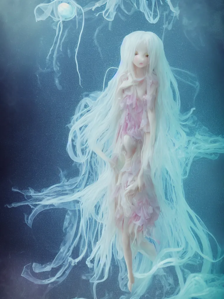 Prompt: cute fumo plush of an otherworldly translucent jellyfish goth girl floating in the deep sea, mysterious tattered maiden tendrils and dress, anime, heavy rain reflective water surface, glowing lens flare wraith girl, wisps of volumetric fog and smoke in refracted vortices, vignette, bokeh, vray