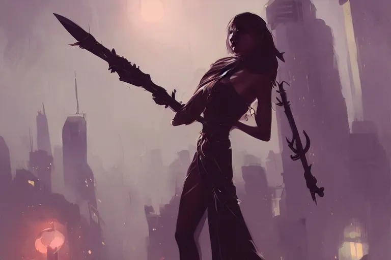 Prompt: seductive goddes holding a grim reapers tool in a modern city in the style of Durand and greg rutkowski, beautiful, geometric, trending on artstation, cinematic