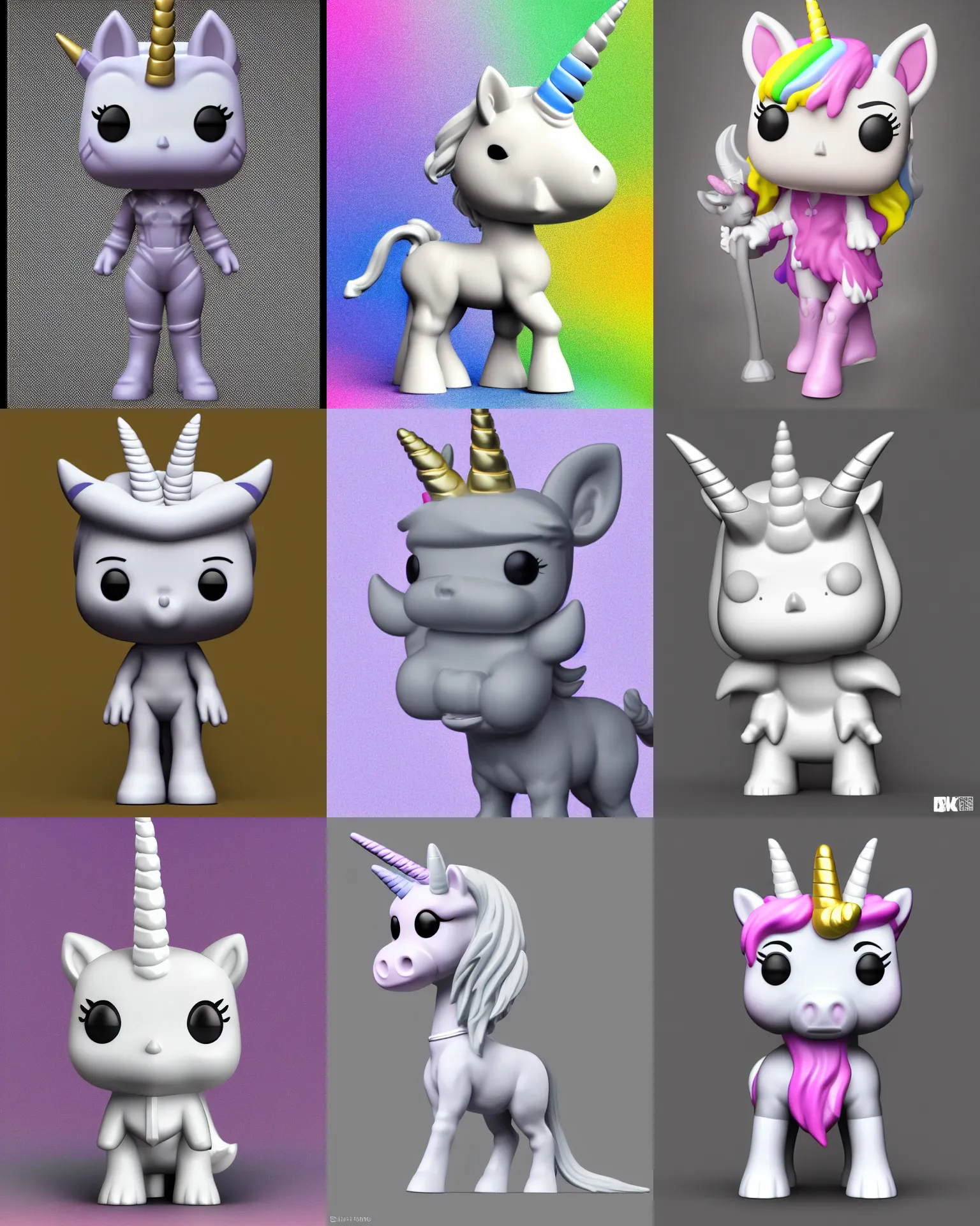 Prompt: full body 3 d render of unicorn as a funko pop!, soft lighting, monochrome background, single body, no shadow, blender, trending on artstation, 8 k, highly detailed