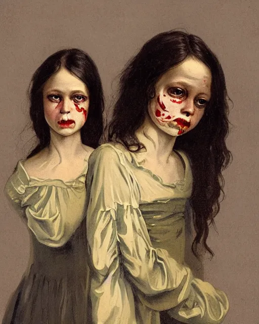Image similar to a baroque painting of two beautiful but creepy siblings wearing oxford shirts in layers of fear, with haunted eyes and dark hair, 1 9 7 0 s, seventies, wallpaper, a little blood, morning light showing injuries, delicate embellishments, painterly, offset printing technique, by brom, robert henri, walter popp