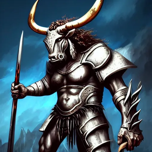 Image similar to epic bull headed minotaur beast in silver heavy armor wielding giant axe, artwork, vivid colors, concept art, greek mythology, detailed, modern design, dark fantasy, digital painting, artstation, d&d