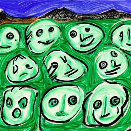 Prompt: sleeping marshmallows with faces in a green field, style of Picasso