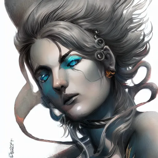 Prompt: uria, lady of searing flames, heroine, beautiful, young, minimalist, detailed close - up portrait in the style of ross tran, marte gracia, and peter mohrbacher, comic book lineart