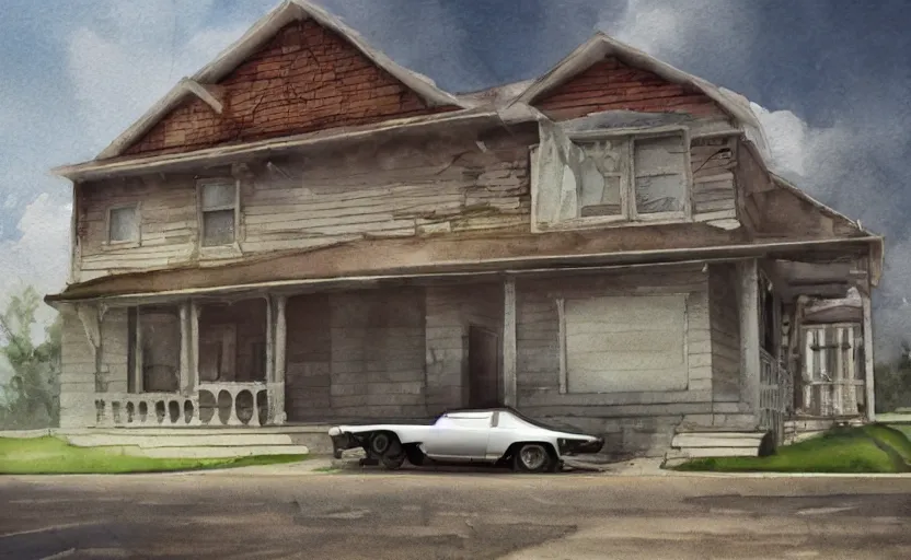 Image similar to a watercolor painting of a chevrolet opala parked near a 1 9 0 0 s house, digital painting, masterpiece, hyperrealistic, concept art, trending on deviantart, highly detailed, high quality, 4 k, symmetrical, low contrast, watercolor, warm, soft lighting, path traced, godrays, vintage, soft colors