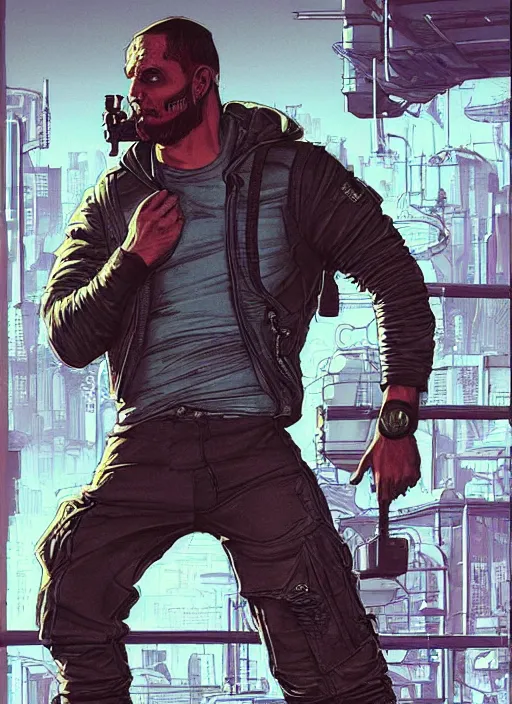 Image similar to Dumb Bubba. Buff cyberpunk meathead trying to intimidate a hacker. Realistic Proportions. Concept art by James Gurney and Laurie Greasley. Moody Industrial skyline. ArtstationHQ. Creative character design for cyberpunk 2077.