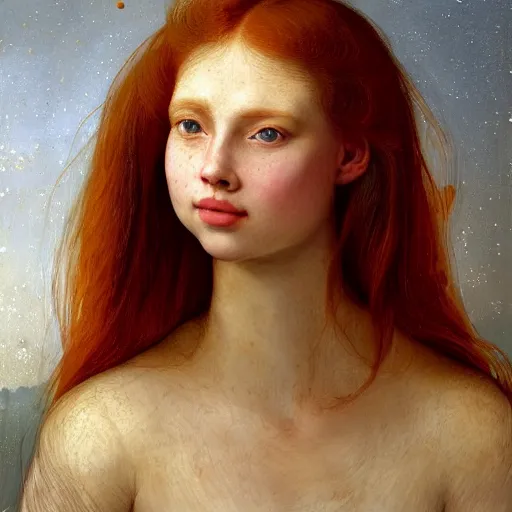 Prompt: portrait of a red haired girl, long hair, green eyes, hint of freckles, beautiful round face, soft amazed smiles, among golden fireflies, highly detailed, deep focus, elegant, digital painting, smooth, sharp focus, golden ratio, illustration, ultra realistic, 8 k, art by artemisia lomi gentileschi and elisabeth vigee le brun