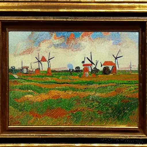 Prompt: A beautiful oil painting of a dutch landscape, there are windmills, the colors are vivid and bright, in the style of early van Gogh, rough pointillism