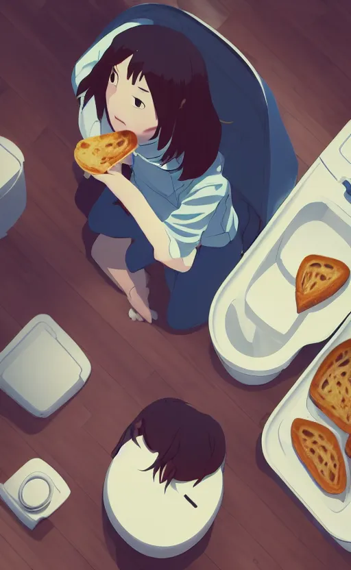 Prompt: a top down view of a girl sitting on the toilet eating toast in a cluttered bathroom with a hoodie on, anime scene by Makoto Shinkai, digital art, 4k