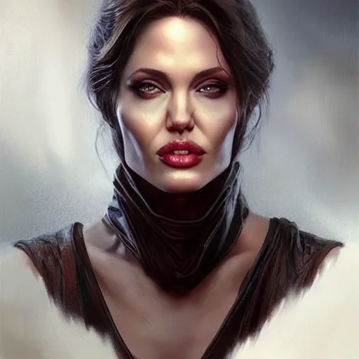 Image similar to Angelina Jolie as Lucifer Morningstar, highly detailed, digital painting, artstation, concept art, smooth, sharp focus, illustration, ArtStation, art by Katsuhiro Otomo and Tom Bagshaw