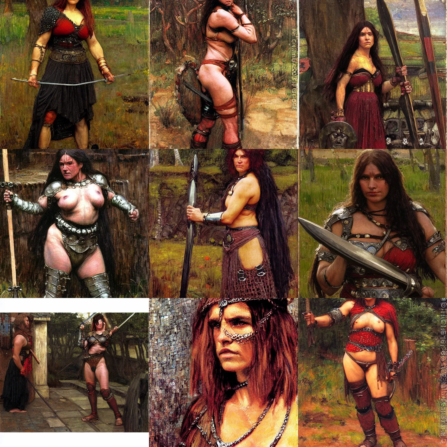 Prompt: orc warrior woman in chainmail scowling at viewer, full body, pre-raphaelite, in the style of John William Waterhouse, oil painting