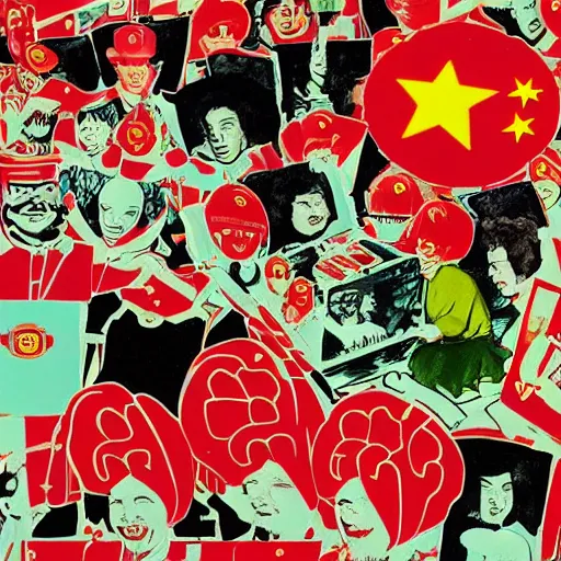 Image similar to a communist revolution in Candy Land, 1960s illustration, high quality, collage in the style of Klaus Voormann and Chinese Propaganda, album cover, peppermint motif