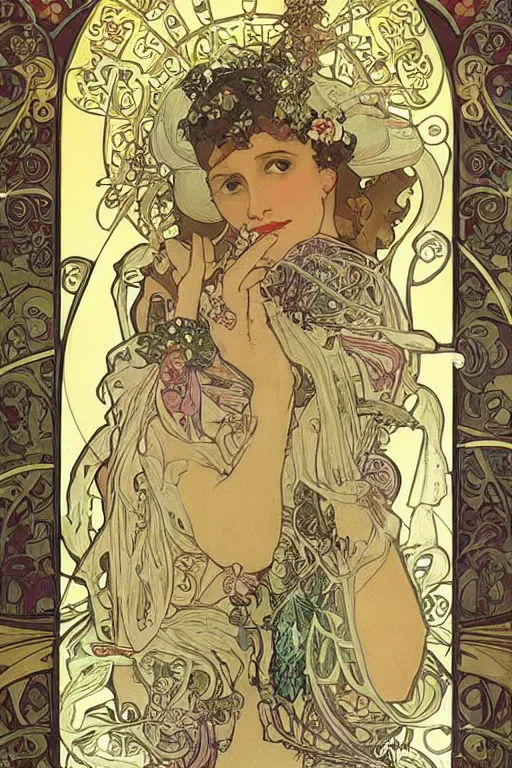 Prompt: lots of bugs and jewels by alphonse mucha. Art Nouveau