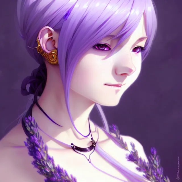 Image similar to anime girl with lavender hair, purple eyes and white dress, black jewellery, digital artwork, very beautiful face, pretty smile, extremely detailed art by greg rutkowski and alphonse mucha