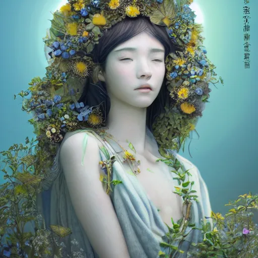 Prompt: goddess of greek mythology portrait, amalgamation of leaves and flowers, orthodox saint, beautiful raking sunlight, nemophila flowers. intricate artwork by Tooth Wu, James jean, Miho Hirano, Hayao Miyazaki. octane render, trending on artstation, greg rutkowski. cinematic, hyper realism, high detail, octane render, 8k